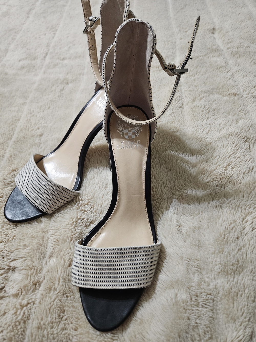 Vince Camuto Two-Tone Black and Beige Strappy Block Heel Sandals